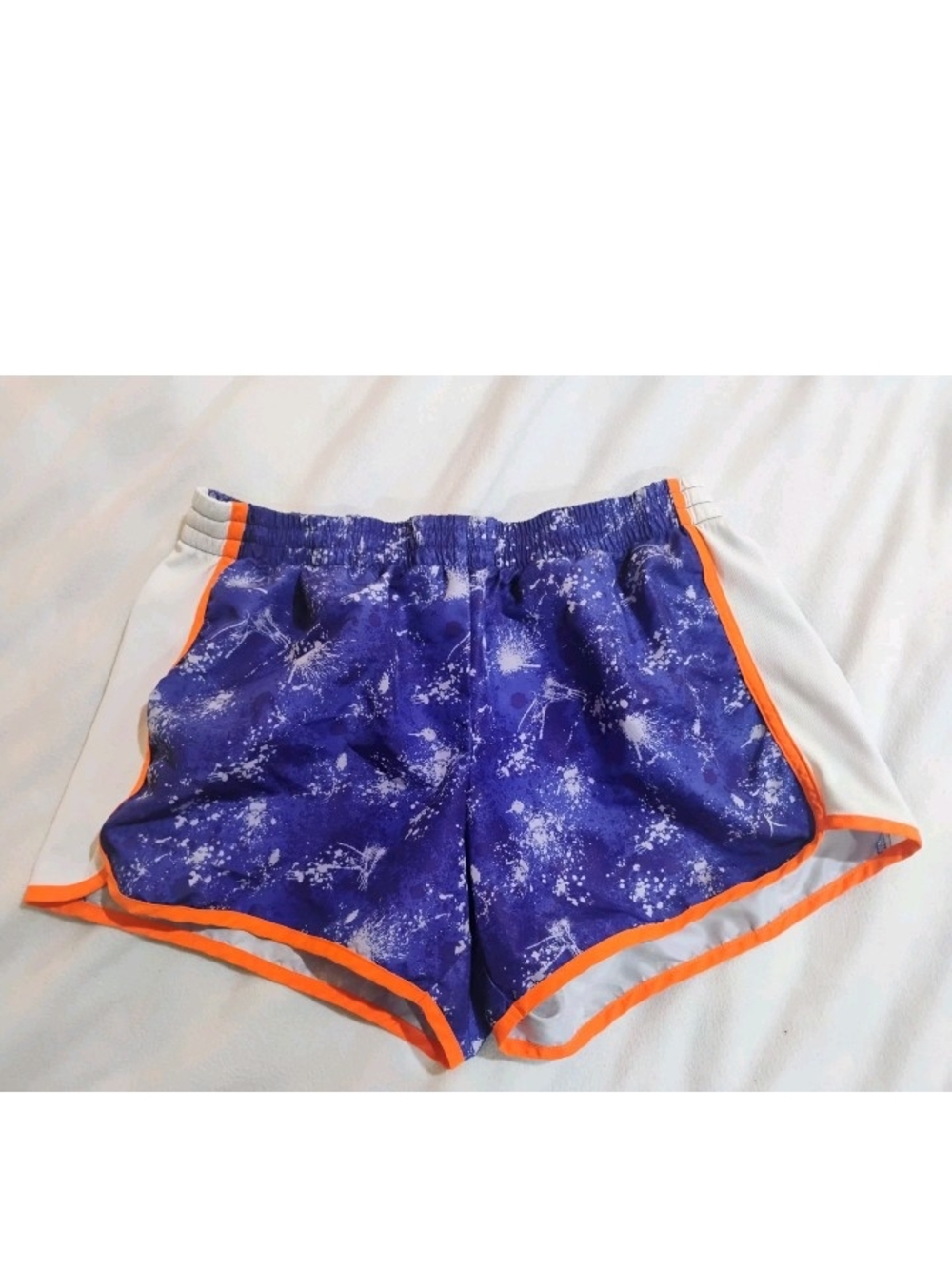 Danskin Now Purple Print Athletic Shorts with Orange Trim and White Panels
